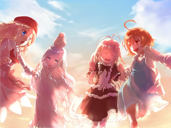 Anime picture 1160x870 with to aru kagaku no railgun to aru majutsu no index j.c. staff last order febri pyonko fremea seivelun fumizuki long hair short hair open mouth blue eyes blonde hair multiple girls brown eyes sky cloud (clouds) ahoge white hair eyes closed