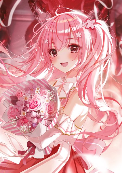 Anime picture 2970x4200 with original eumi 114 single long hair tall image looking at viewer blush fringe highres open mouth smile hair between eyes standing twintails bare shoulders pink hair :d pleated skirt pink eyes hair flower