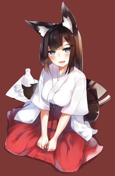Anime picture 1000x1531 with original otokuyou single long hair tall image looking at viewer blush open mouth blue eyes simple background brown hair sitting animal ears payot full body tail traditional clothes japanese clothes animal tail from above