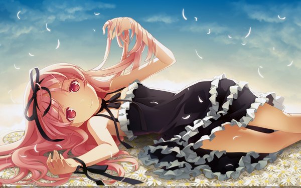 Anime picture 2560x1600 with garden (galge) cuffs (studio) himemiya ruri h2so4 single long hair looking at viewer blush highres breasts smile wide image bare shoulders pink hair sky cloud (clouds) lying pink eyes wallpaper turning head