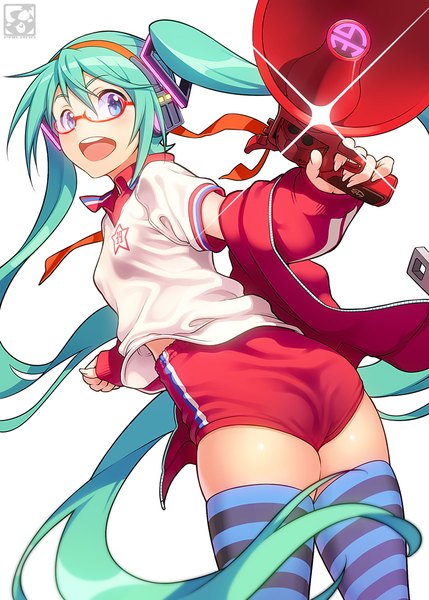 Anime-Bild 786x1100 mit vocaloid hatsune miku pairan single tall image blush fringe open mouth simple background standing white background twintails holding very long hair pink eyes looking back aqua eyes aqua hair open jacket teeth