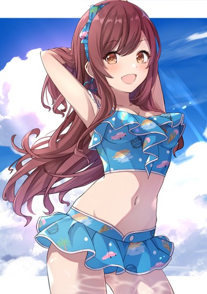 Anime picture 868x1228 with idolmaster idolmaster shiny colors oosaki amana alisia0812 single long hair tall image looking at viewer blush fringe breasts open mouth brown hair standing brown eyes payot sky cloud (clouds) outdoors :d