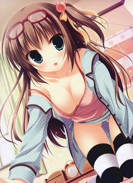 Anime picture 3285x4519 with yukie (peach candy) single long hair tall image highres breasts blue eyes light erotic brown hair absurdres cleavage polka dot girl thighhighs underwear panties glasses striped thighhighs