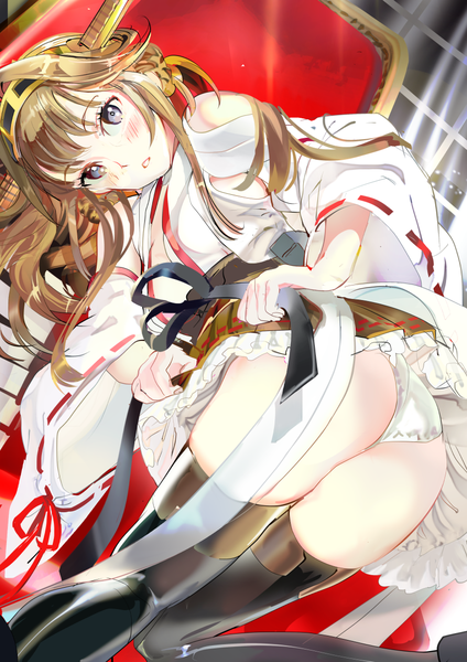 Anime picture 850x1202 with kantai collection kongou battleship 119 single long hair tall image looking at viewer blush light erotic blonde hair ass traditional clothes japanese clothes grey eyes nontraditional miko girl skirt underwear panties ribbon (ribbons)