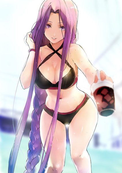 Anime-Bild 1202x1700 mit fate (series) fate/stay night rider taishi (picchiridou) single tall image looking at viewer blush breasts light erotic large breasts standing purple eyes payot cleavage purple hair braid (braids) very long hair parted lips blurry