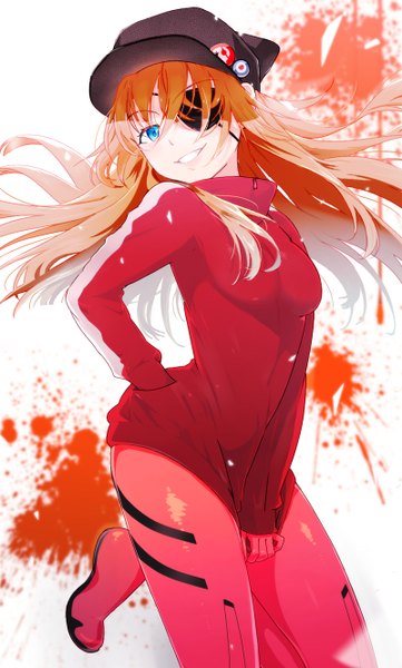 Anime picture 800x1328 with neon genesis evangelion rebuild of evangelion evangelion: 3.0 you can (not) redo gainax soryu asuka langley shikinami asuka langley yamada ranga single long hair tall image looking at viewer blue eyes smile orange hair hand in pocket jumping girl jacket eyepatch cap