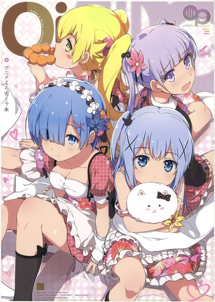 Anime picture 2489x3500 with re:zero kara hajimeru isekai seikatsu bakemonogatari gochuumon wa usagi desu ka? new game! shaft (studio) white fox monogatari (series) doga kobo milky been! (ogipote) - anime yorozu ira hon (artbook) rem (re:zero) oshino shinobu kafuu chino tippy (gochiusa) suzukaze aoba minase inori ogipote long hair tall image looking at viewer blush