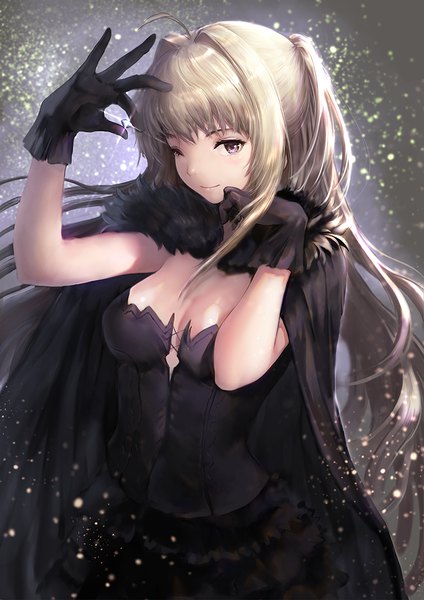 Anime picture 849x1200 with original iori (cpeilad) single long hair tall image looking at viewer fringe breasts blonde hair smile purple eyes payot cleavage one eye closed sparkle two side up depth of field fur trim girl dress
