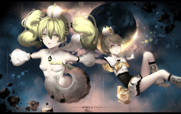 Anime picture 1864x1177 with vocaloid hatsune miku kagamine rin hk (hak) long hair highres short hair open mouth blonde hair twintails multiple girls green eyes yellow eyes green hair holding hands dark background girl dress 2 girls detached sleeves