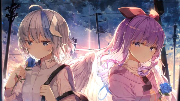 Anime picture 8000x4500 with shnva long hair looking at viewer blush fringe highres short hair blue eyes wide image purple eyes multiple girls absurdres sky silver hair purple hair cloud (clouds) upper body ahoge outdoors blunt bangs