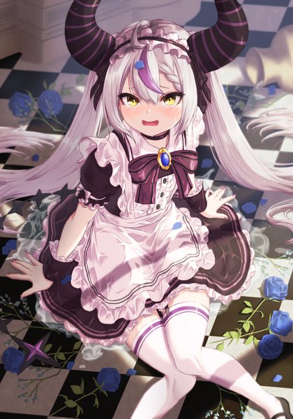 Anime-Bild 1400x2000 mit virtual youtuber hololive la+ darknesss bowsan single tall image looking at viewer blush fringe open mouth hair between eyes sitting twintails yellow eyes silver hair ahoge indoors braid (braids) very long hair nail polish