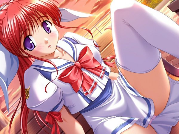 Anime picture 1024x768 with hanihani: operation sanctuary light erotic purple eyes game cg red hair pantyshot spread legs pantyshot sitting girl serafuku