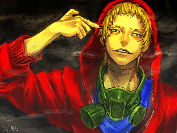 Anime picture 1000x750 with original uraki (tetsu420) single looking at viewer short hair blonde hair green eyes signed teeth scar sharp teeth boy hood respirator