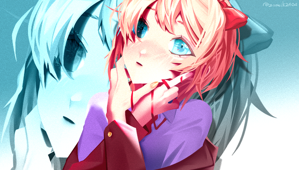 Anime picture 1228x700 with doki doki literature club sayori (doki doki literature club) zontik2404 single blush fringe short hair open mouth blue eyes brown hair wide image signed looking away upper body long sleeves nail polish head tilt hair over one eye off shoulder :o