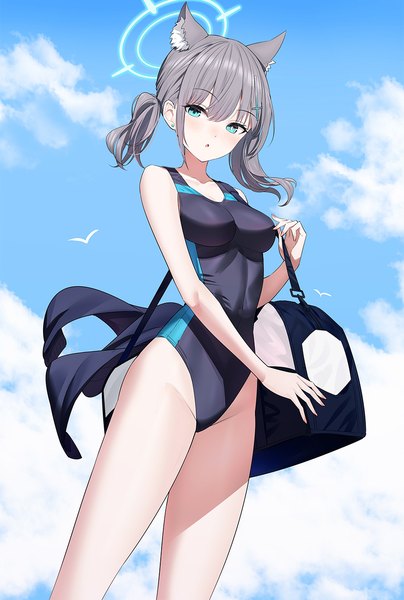 Anime picture 900x1335 with blue archive shiroko (blue archive) shiroko (swimsuit) (blue archive) ririko (zhuoyandesailaer) single long hair tall image looking at viewer fringe light erotic hair between eyes standing animal ears sky cloud (clouds) ponytail aqua eyes grey hair official alternate costume girl