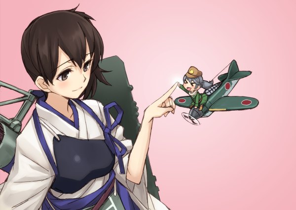 Anime picture 1200x850 with kantai collection kaga aircraft carrier fairy (kantai collection) matsuryuu blush short hair open mouth smile brown hair multiple girls ponytail traditional clothes japanese clothes grey eyes side ponytail > < minigirl girl 2 girls armor