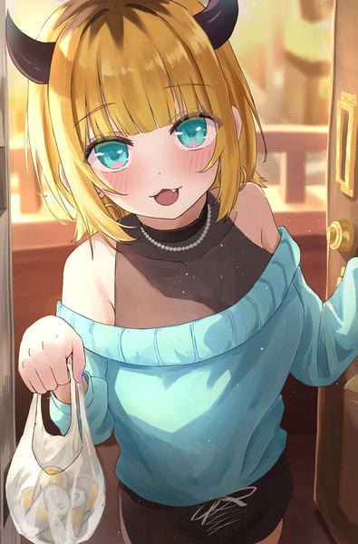 Anime picture 1347x2048 with oshi no ko memcho kirinagi35 single tall image looking at viewer blush fringe short hair open mouth blonde hair bare shoulders blunt bangs :d horn (horns) aqua eyes from above girl door can
