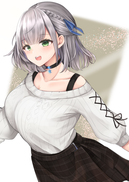 Anime picture 1200x1697 with virtual youtuber hololive shirogane noel shirogane noel (3rd costume) miyagi ratona single tall image short hair breasts open mouth large breasts green eyes looking away silver hair upper body :d official alternate costume half updo girl choker