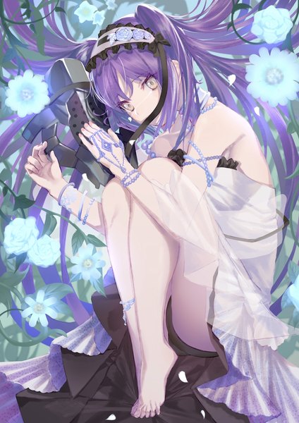 Anime picture 828x1172 with fate (series) fate/hollow ataraxia euryale (fate) takubon single tall image looking at viewer fringe breasts light erotic hair between eyes twintails bare shoulders yellow eyes purple hair full body bent knee (knees) very long hair nail polish barefoot