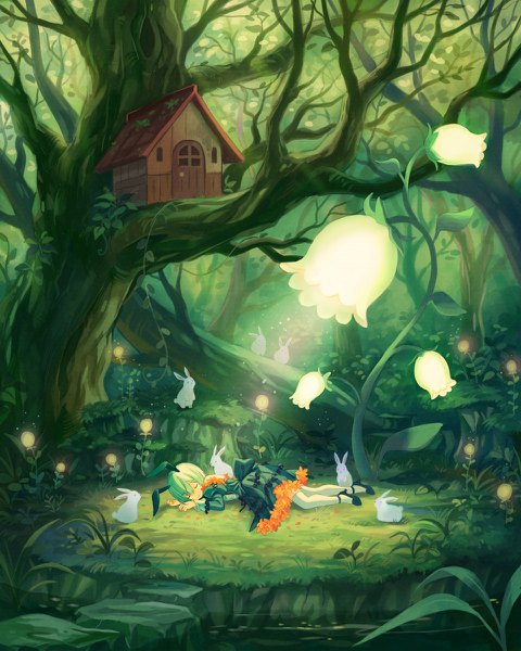 Anime picture 960x1200 with original shati single tall image fringe short hair hair between eyes animal ears full body eyes closed green hair bunny ears sleeping girl thighhighs dress flower (flowers) plant (plants) animal white thighhighs