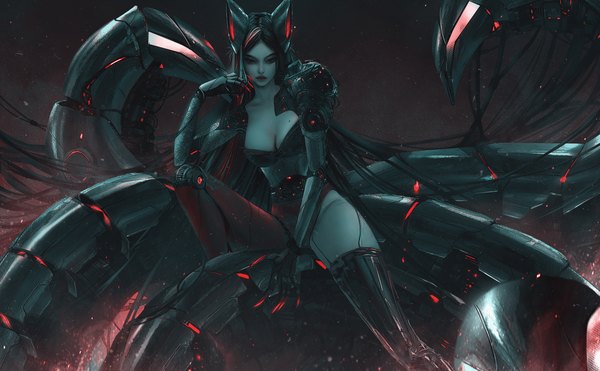 Anime picture 7000x4333 with league of legends ahri (league of legends) nixeu single looking at viewer fringe highres breasts open mouth light erotic black hair wide image large breasts sitting animal ears absurdres cleavage tail very long hair arm up