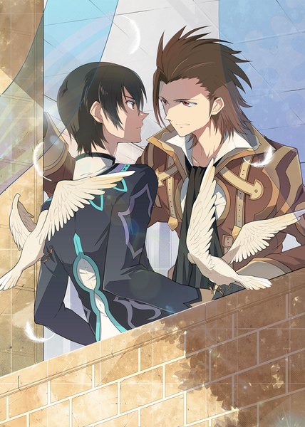Anime picture 714x1000 with tales of (series) tales of xillia jude mathis alvin (tales of xillia) nic (kevin) tall image short hair smile brown hair brown eyes profile multiple boys face to face shounen ai boy animal bird (birds) 2 boys feather (feathers) neckerchief