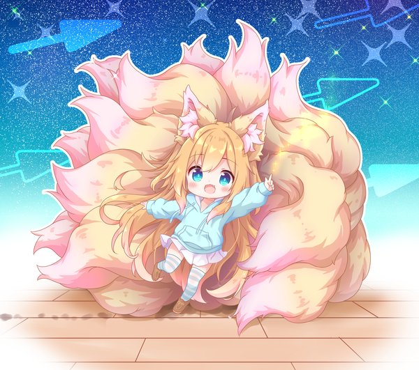 Anime picture 3768x3336 with original komuginyan single looking at viewer blush fringe highres open mouth blue eyes blonde hair smile hair between eyes standing animal ears absurdres full body ahoge bent knee (knees) tail very long hair