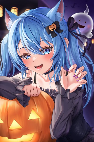 Anime picture 4000x6000 with virtual youtuber hololive hoshimachi suisei shouhaku0512 single long hair tall image blush fringe highres open mouth blue eyes hair between eyes twintails animal ears blue hair absurdres :d halloween ghost