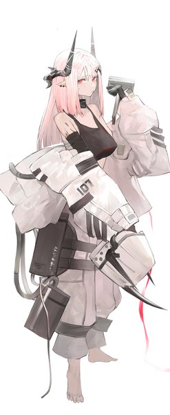 Anime picture 1182x2873 with arknights mudrock (arknights) koio single long hair tall image looking at viewer simple background red eyes standing white background pink hair full body barefoot horn (horns) pointy ears oripathy lesion (arknights) helmet removed girl weapon