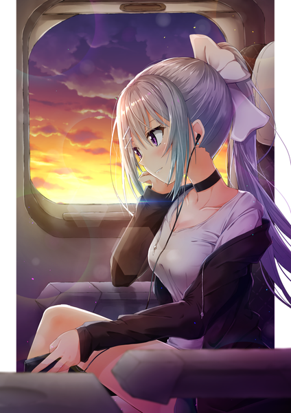 Anime picture 1240x1754 with virtual youtuber nijisanji higuchi kaede kuria (clear trip second) single long hair tall image blush fringe breasts hair between eyes sitting purple eyes payot looking away sky cleavage silver hair cloud (clouds) ponytail