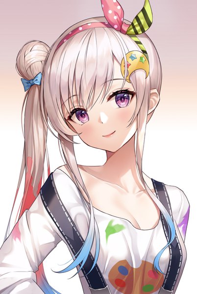 Anime picture 691x1031 with virtual youtuber hololive hololive indonesia airani iofifteen lunacle single long hair tall image looking at viewer blush fringe simple background smile purple eyes payot silver hair upper body head tilt multicolored hair hair bun (hair buns)
