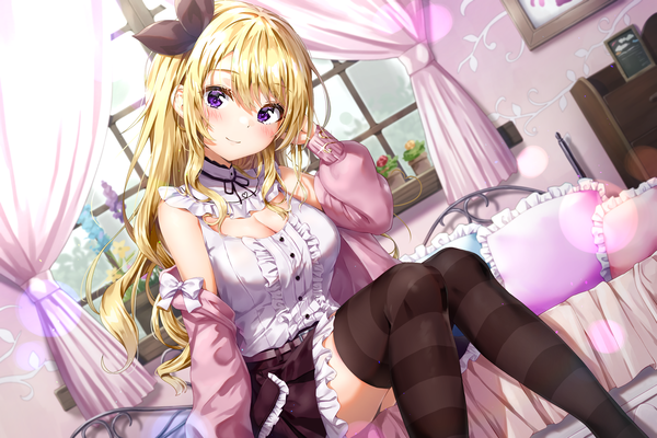 Anime picture 4500x3000 with original kuria (clear trip second) single long hair looking at viewer blush fringe highres breasts light erotic blonde hair smile sitting purple eyes bare shoulders absurdres cleavage indoors head tilt arm up