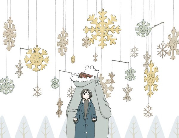 Anime picture 2396x1850 with original east sha2 single fringe highres short hair black hair white background long sleeves black eyes expressionless no nose girl plant (plants) animal hood coat snowflake (snowflakes) winter clothes bear