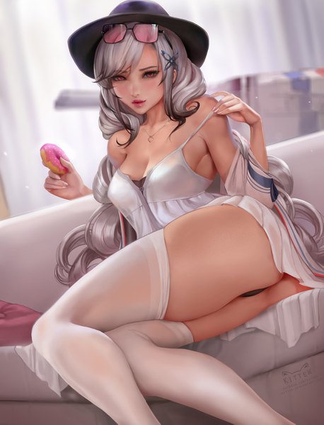 Anime picture 2885x3781 with azur lane dunkerque (azur lane) dunkerque (afternoon venus) (azur lane) daria leonova single long hair tall image looking at viewer blush fringe highres breasts light erotic hair between eyes red eyes large breasts sitting holding signed bent knee (knees)