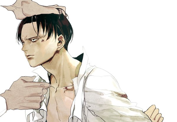 Anime picture 1500x1036 with shingeki no kyojin production i.g levi (rivaille) par short hair simple background brown hair white background black eyes open clothes open shirt boy blood hands