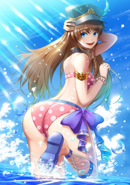 Anime picture 2480x3508 with granblue fantasy lecia (granblue fantasy) fujifuji924 single long hair tall image looking at viewer blush fringe highres breasts open mouth blue eyes light erotic smile hair between eyes brown hair standing bare shoulders sky