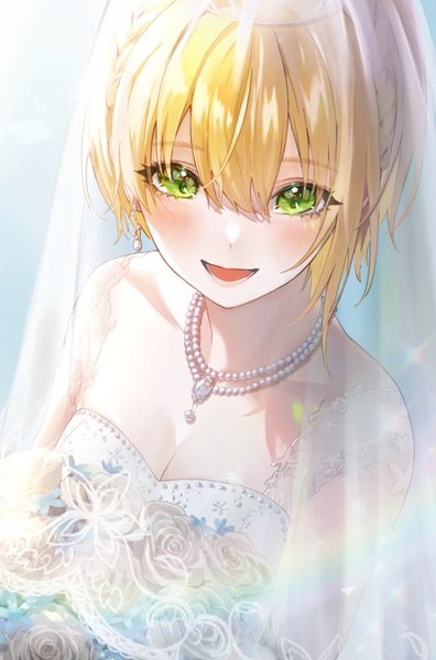 Anime picture 1351x2048 with idolmaster idolmaster cinderella girls miyamoto frederica magako single tall image looking at viewer blush fringe short hair breasts open mouth blonde hair smile hair between eyes green eyes cleavage upper body :d girl