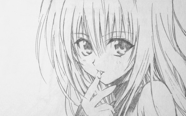 Anime picture 1680x1050 with black cat gonzo eve highres wide image monochrome traditional media sketch finger licking