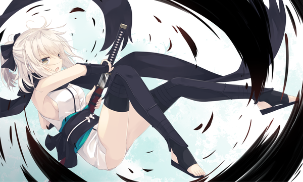 Anime picture 1280x768 with fate (series) fate/grand order koha-ace okita souji (fate) (all) okita souji (koha-ace) nagishiro mito single fringe short hair breasts open mouth light erotic blonde hair wide image holding brown eyes looking away full body ahoge ponytail