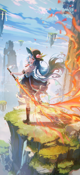 Anime picture 1250x2724 with touhou hinanawi tenshi kyusoukyu single long hair tall image fringe hair between eyes red eyes standing blue hair sky full body outdoors wind floating island girl weapon hat sword