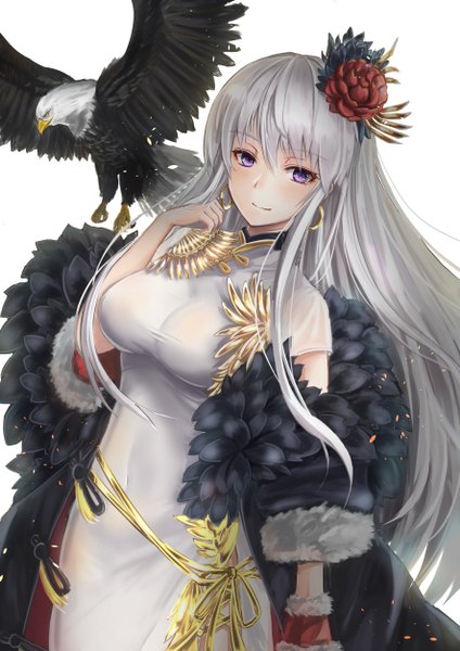 Anime picture 1771x2508 with azur lane enterprise (azur lane) enterprise (blooming peony) (azur lane) chushou wang single long hair tall image looking at viewer blush fringe highres breasts simple background smile hair between eyes standing white background purple eyes payot silver hair