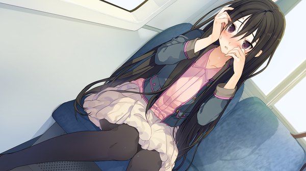 Anime picture 1280x720 with ima sugu onii-chan ni imouto da tte iitai! haida kimika akinashi yuu single long hair blush open mouth black hair wide image sitting brown eyes game cg tears knees touching knees together feet apart hands on face girl skirt miniskirt