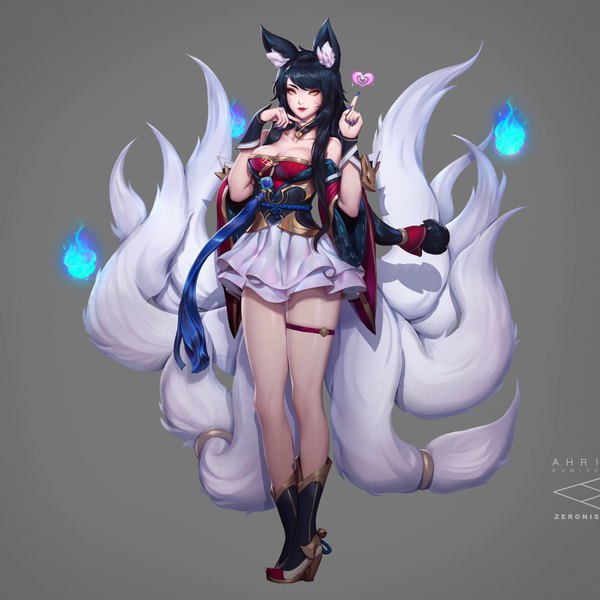 Anime-Bild 1920x1920 mit league of legends ahri (league of legends) paul (shiramune) single long hair looking at viewer highres breasts black hair simple background signed animal ears yellow eyes payot full body tail nail polish animal tail grey background high heels