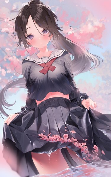 Anime picture 1202x1920 with original harui (hr x9 ) single long hair tall image looking at viewer blush fringe light erotic hair between eyes brown hair standing purple eyes ponytail long sleeves pleated skirt partially submerged cherry blossoms skirt hold girl