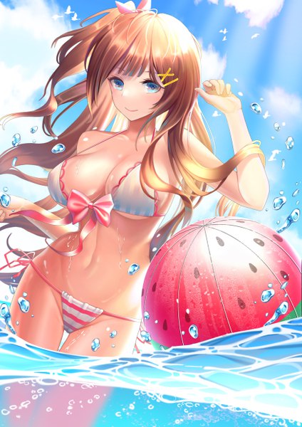 Anime picture 3508x4961 with original zhuang yao single long hair tall image looking at viewer fringe highres breasts blue eyes light erotic smile brown hair large breasts standing absurdres sky cloud (clouds) outdoors wind