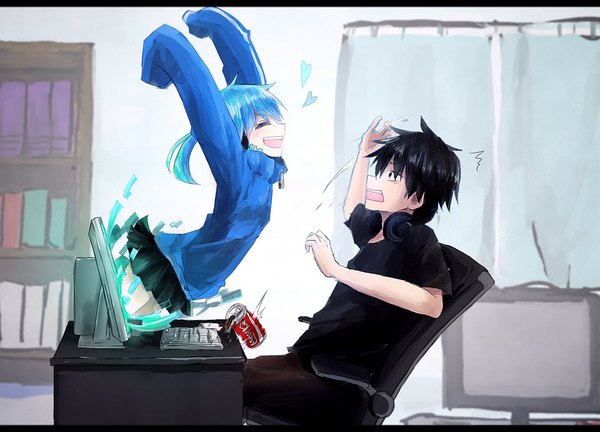 Anime picture 1127x813 with kagerou project shaft (studio) ene (kagerou project) kisaragi shintarou tagme (artist) short hair open mouth black hair smile twintails blue hair eyes closed long sleeves black eyes surprised girl boy skirt shirt window
