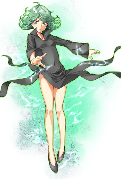 Anime picture 1181x1748 with one-punch man madhouse tatsumaki nezumidoshi single tall image looking at viewer blush fringe short hair open mouth simple background green eyes full body ahoge green hair wide sleeves :o legs shiny skin