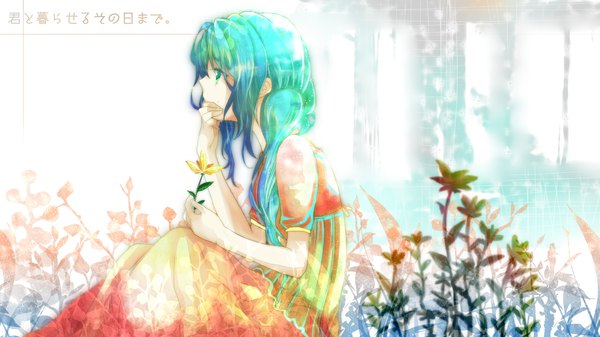 Anime picture 2240x1260 with vocaloid hatsune miku mariwai (marireroy) single long hair highres wide image sitting twintails profile aqua eyes aqua hair girl dress flower (flowers) plant (plants)