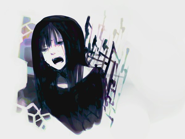 Anime picture 1600x1200 with original matsuda toki single long hair open mouth black hair simple background white background black eyes tears crying abstract pain girl