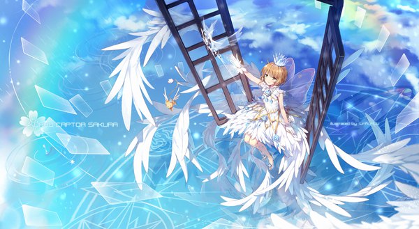 Anime picture 1968x1080 with card captor sakura clamp kinomoto sakura kero (cardcaptor sakura) lf single highres short hair brown hair wide image sitting green eyes full body arm up from above copyright name girl dress gloves wings